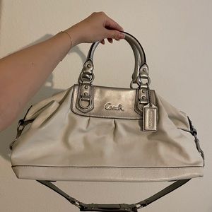 Coach Ashley Satchel 2 Way Bag with Strap. Silver Metallic and White Large